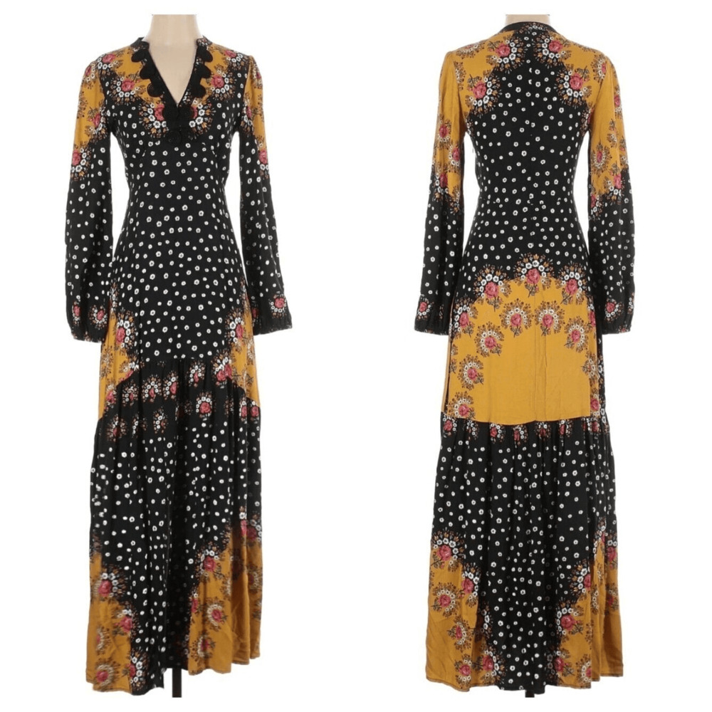 Farm Rio X Anthropologie Boho Floral Block Long Sleeve Maxi Dress Womens Size XS